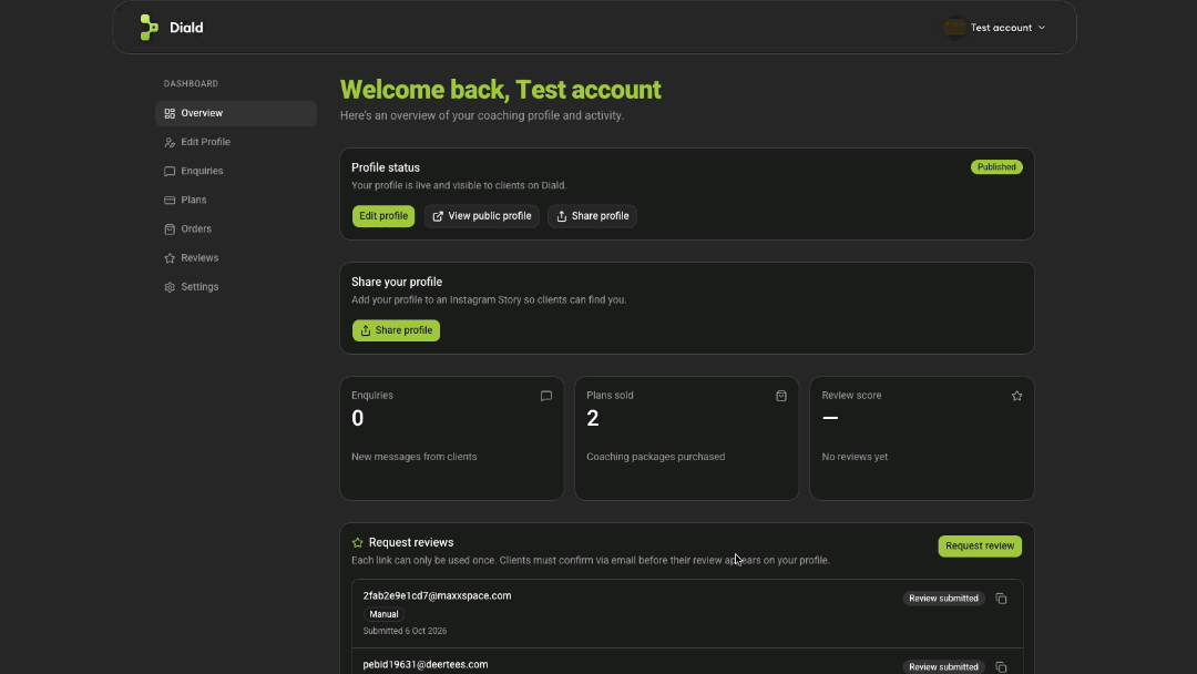 Coach dashboard on desktop, showing the coach's view of their Diald account.